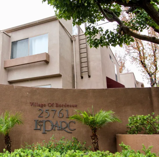 A ladder to the roof of a Le Parc building in Lake Forest, California