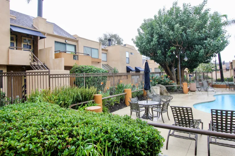 beautiful sunny day big trees terraced house and swimming pool in Le Parc