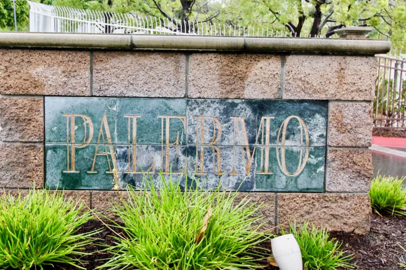 Front welcome sign at the Palermo in Lake Forest, CA