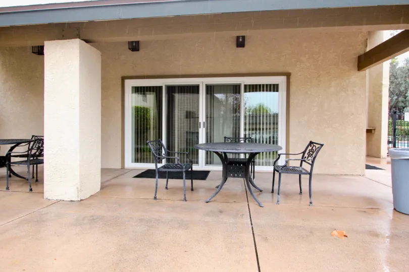 Private lanai in Serrano Creek Villas community on a rainy day