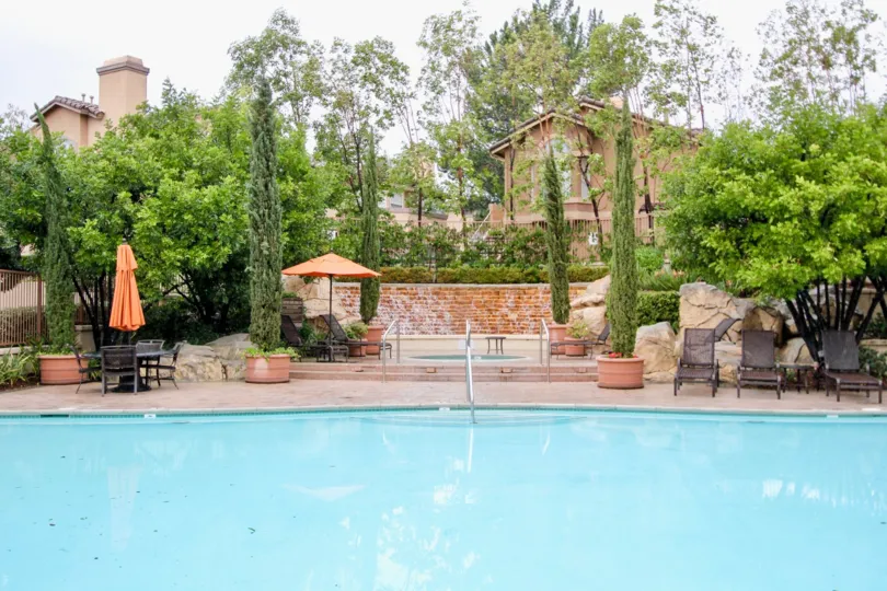 Trees and pool at Tuscany at Foothill Ranch in Lake Forest, CA