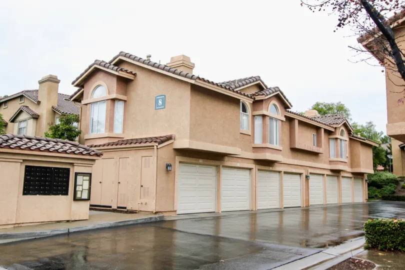 Rain and garages at the Tuscany at Foothill Ranch in Lake Forest, CA