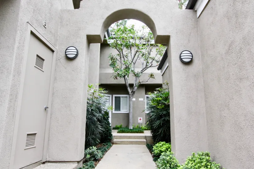 A tree grows in the walkway of Bayview Court in Newport Beach, CA