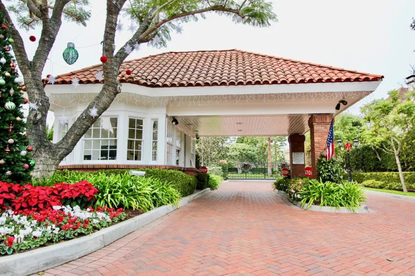 Front entrance of the Belcourt Towne Collection community in Newport Beach, California.