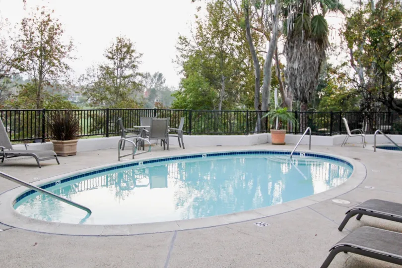 A SWIMMING POOL IN THE BIG CANYON MCLAIN WITH THE CHAIRS, FLOWER POT, PLANTS, TREES