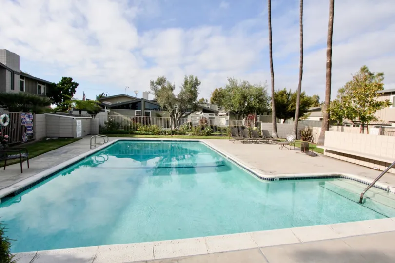 A pool reflects the trees around it at the Park Lido condos