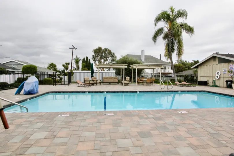 A cloudy day in the Vista Bahia with swimming pool and palm tree.