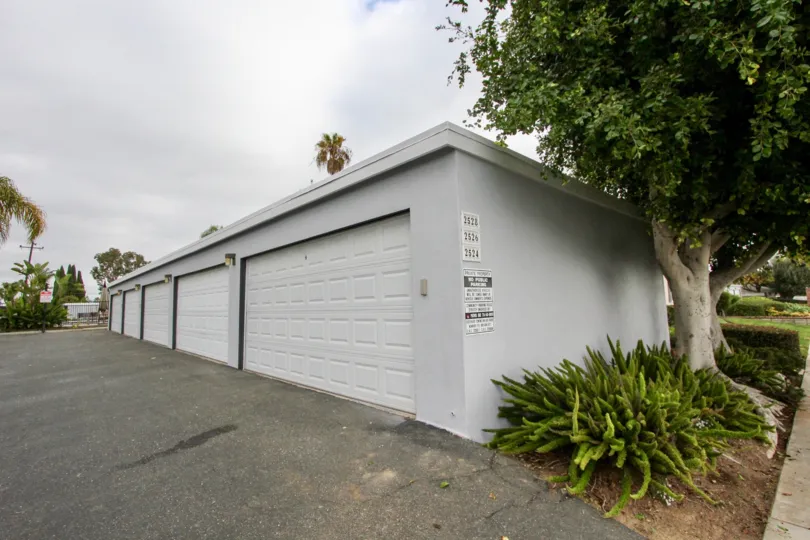 A cloudy day in the Vista Bahia with a garage front and tree.