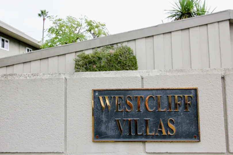 Front sign area of Westcliff Villas community, Newport Beach, California
