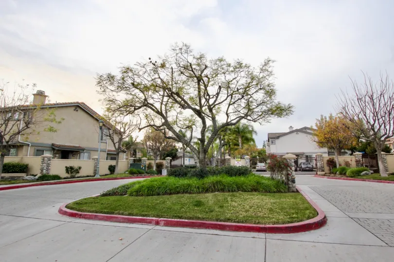 The Cambridge community entrance with trees and shrubs