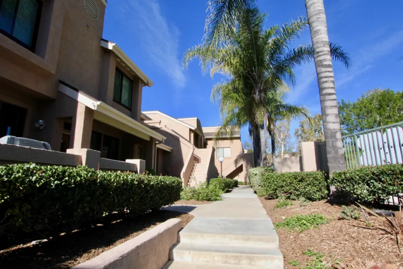 A Canyon Glen sidewalk with trees and bushes on a sunny day