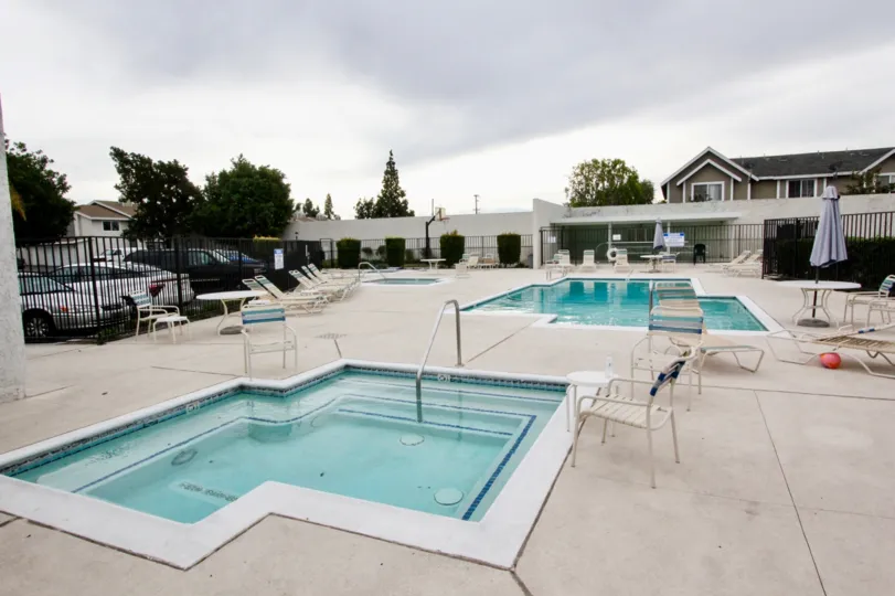 A serene pool in the backyard of a house with a white gate