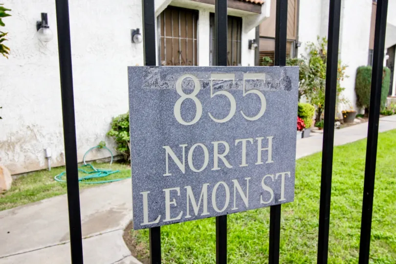 Decorative address sign in the Lemon Tree community of Orange, CA.