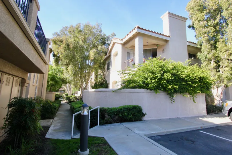 A sunny day in the Montevista community sidewalk with trees and bushes