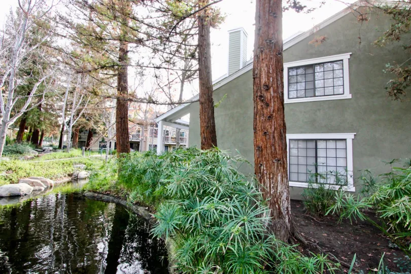 A grey house with water flowing beside it with trees and plants in the morningside on the lake community in orange, california.