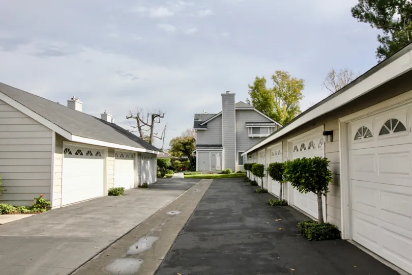 Small trees in between garages in Orange Creek Community Orange, CA.