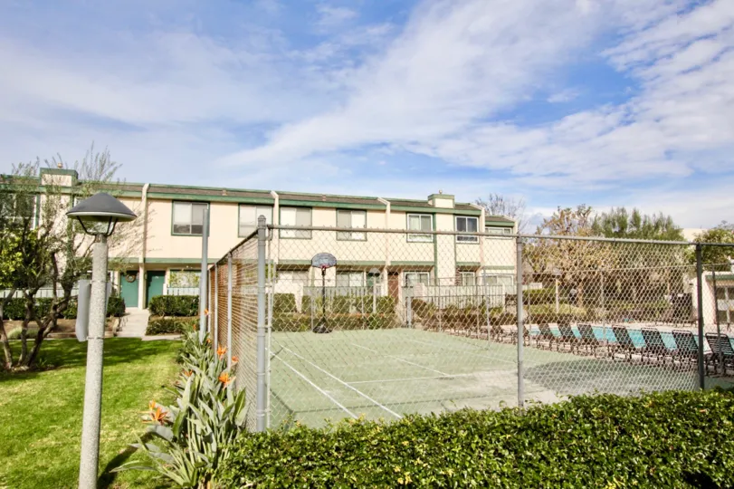The basketball court in Park Terrace Village on a cloudy day