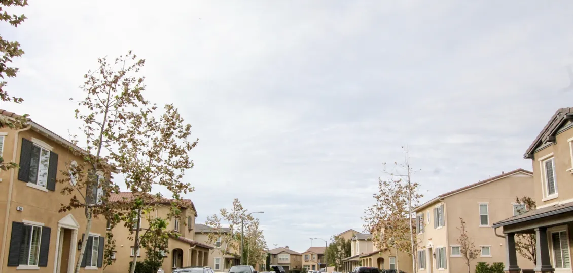 The street between houses in the Riverbend community with trees