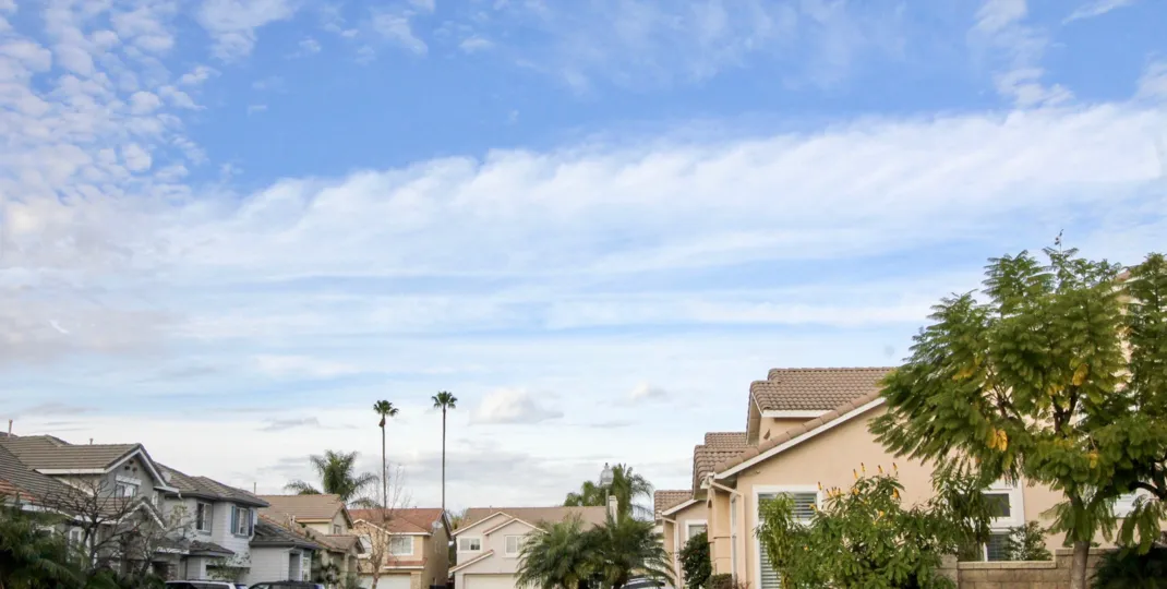 A wide shot of the Sycamore Crossing community with trees