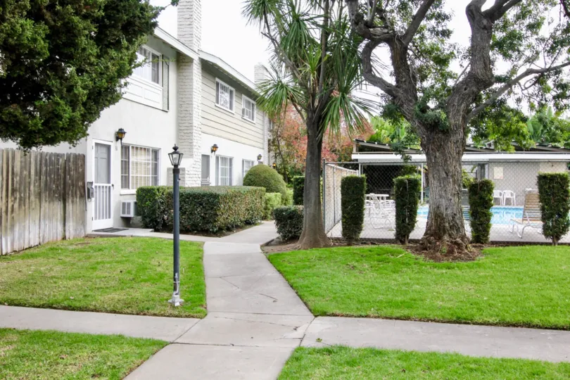 A sunny day in the The Californian with a garden and lawn.