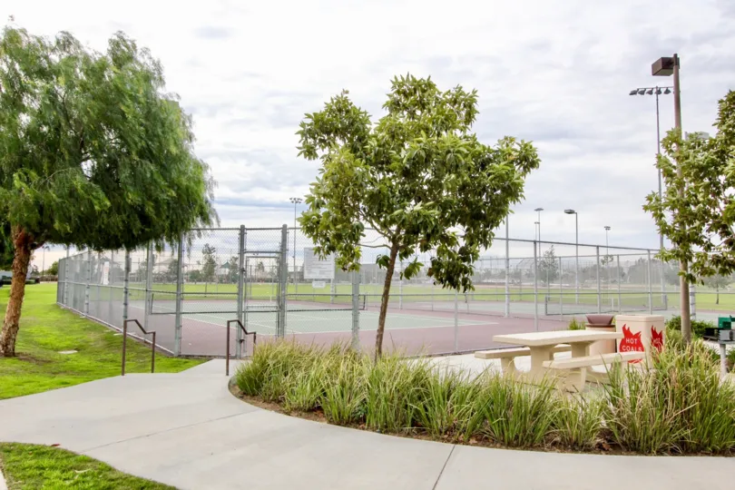 The tennis courts in Timber Hill surrounded by a fence and lights