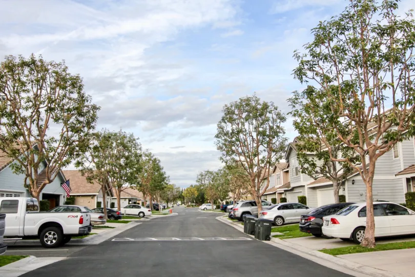 Resident homes with large trees and neat lawns in Vista Santiago, Orange.
