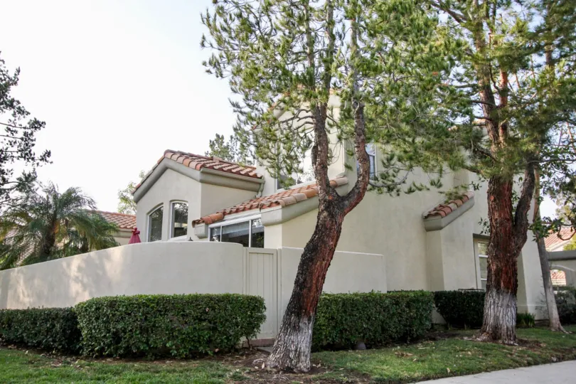 Overcast day, street view of walled residence in Alicante, Rancho Santa Margarita, California