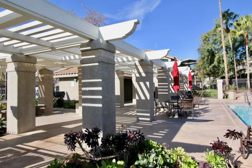 Awning and pool at Belflora in Rancho Santa Maragarita, CA