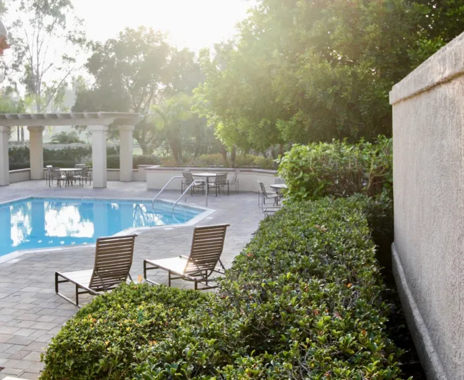 Beautiful sunshine with trees and sitting near swimming pool of Belterraza of Rancho Santa Margarita