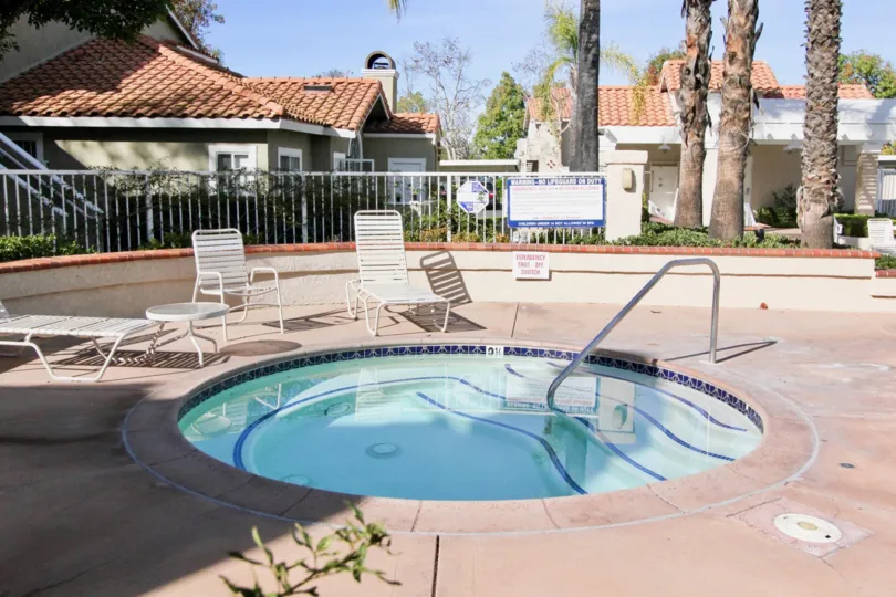 THE HOME IN THE LAS FLORES WITH THE SWIMMING POOL, CHAIRS, TREES, PLANTS