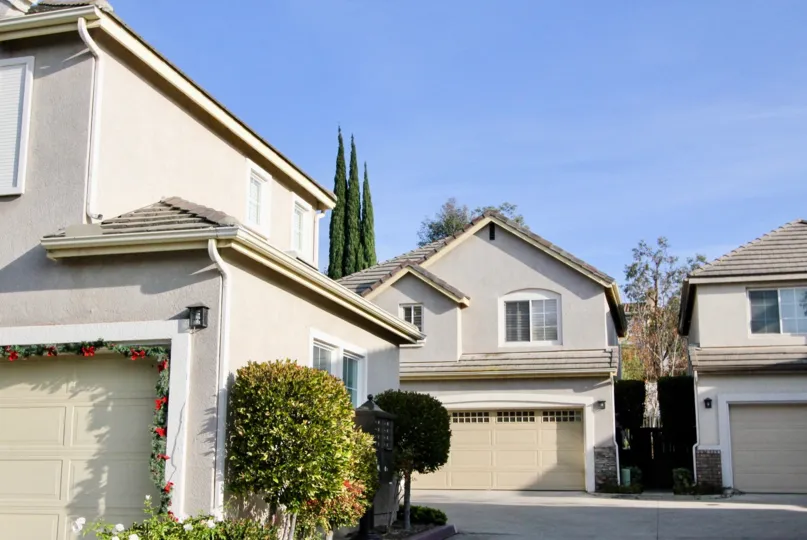 Three thin pine trees sit behind a town home in the Magnolia homes.