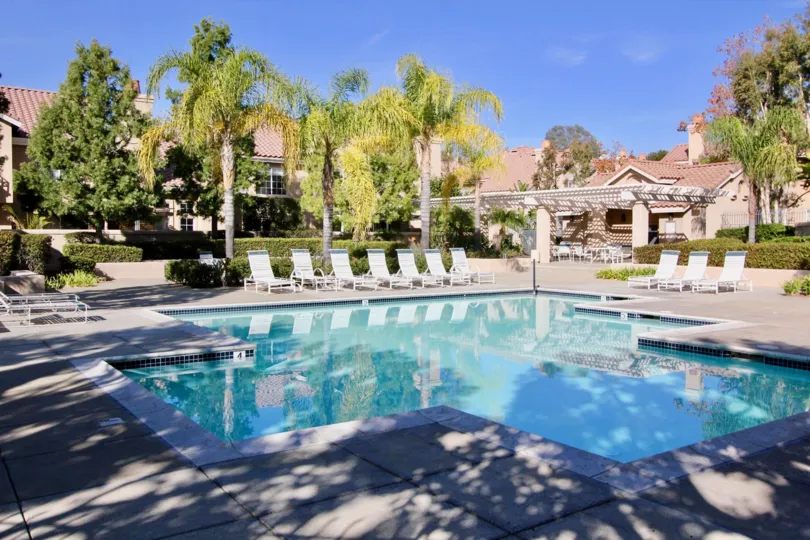 Nice swimming pool at centre with sitting and palm trees around in Sonoma Court of Rancho Santa Margarita