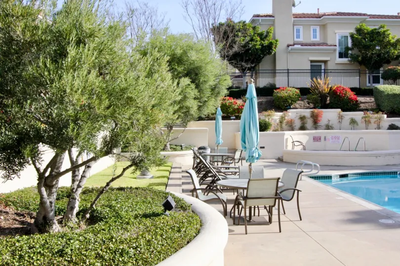 A sunny day by a pool and some trees, bushes, and grass in the Terracina area with a house behind it and trees on each side of the house