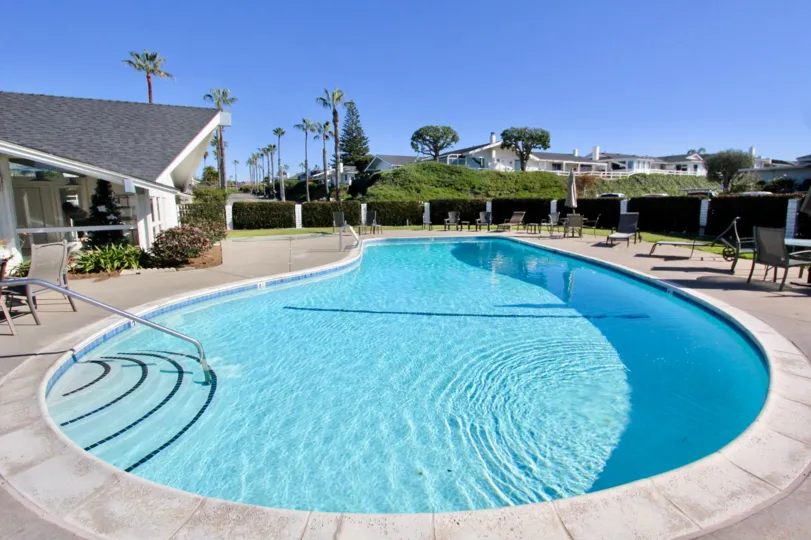 Drop shape swimming pool with steps and railing in Colony Cove.