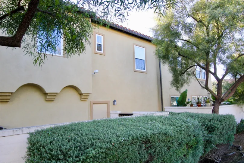 A house backside with cute trees and windows view at the morning time effect.