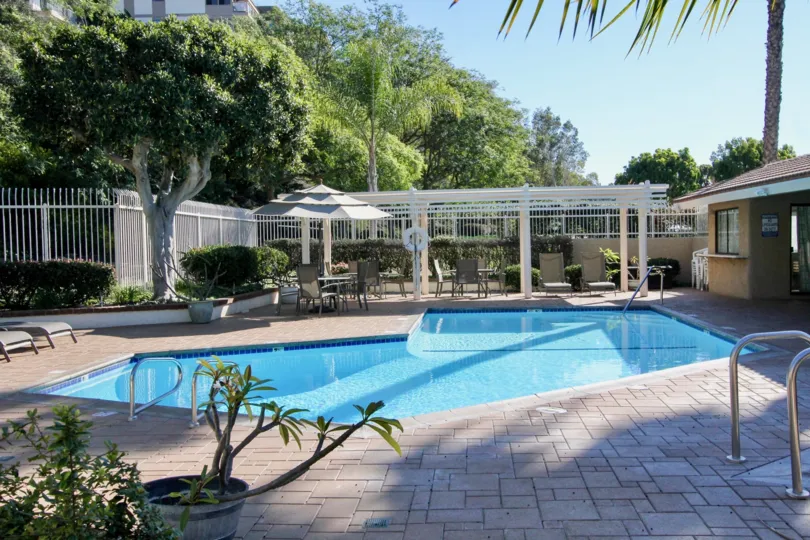 A cute swimming pool located at a hotel and surrounding with more trees and a small rest place at the morning time.