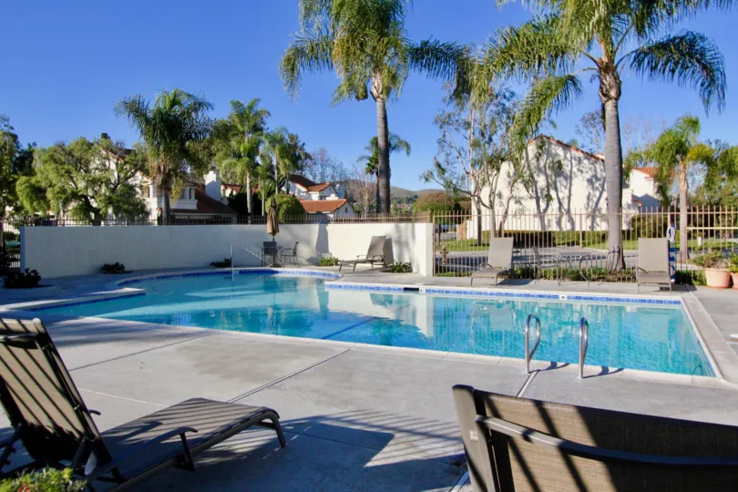 Trees and pool at Casitas Del Rio in San Juan Capistrano, CA