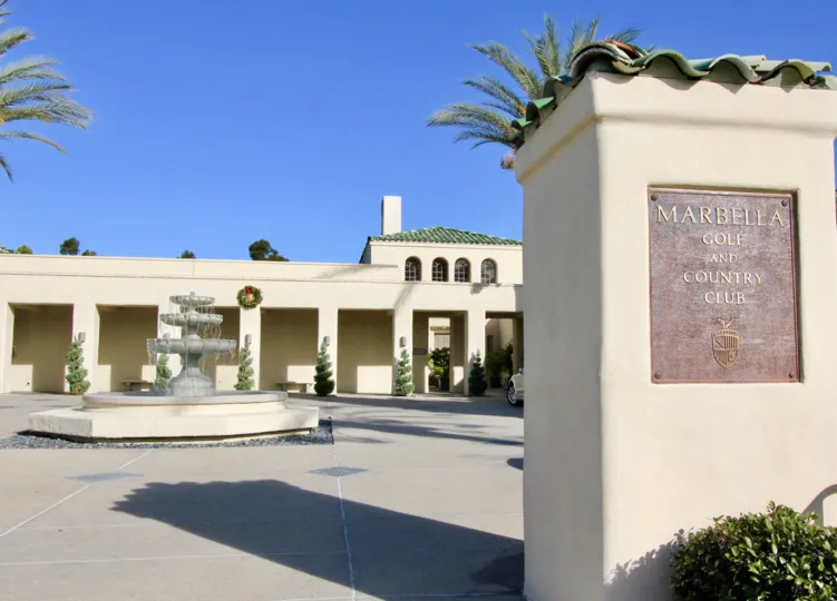 Front sign and fountain at Marbella Golf Villas in San Juan Capistrano, CA