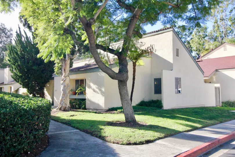 A white wall home with trees in Sun Hollow community in San Juan Capistrano, California.