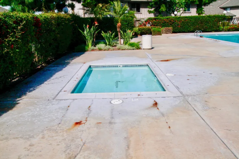 Beautiful swimming pool in the Bradford Place with some shrubs, small trees and plants.