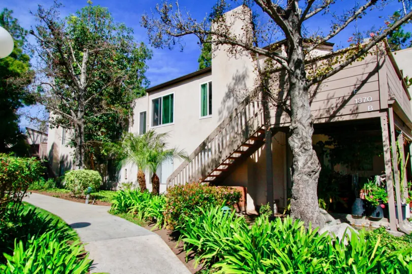 A sunny day in the Cabrillo Park with a house and beautiful plants.