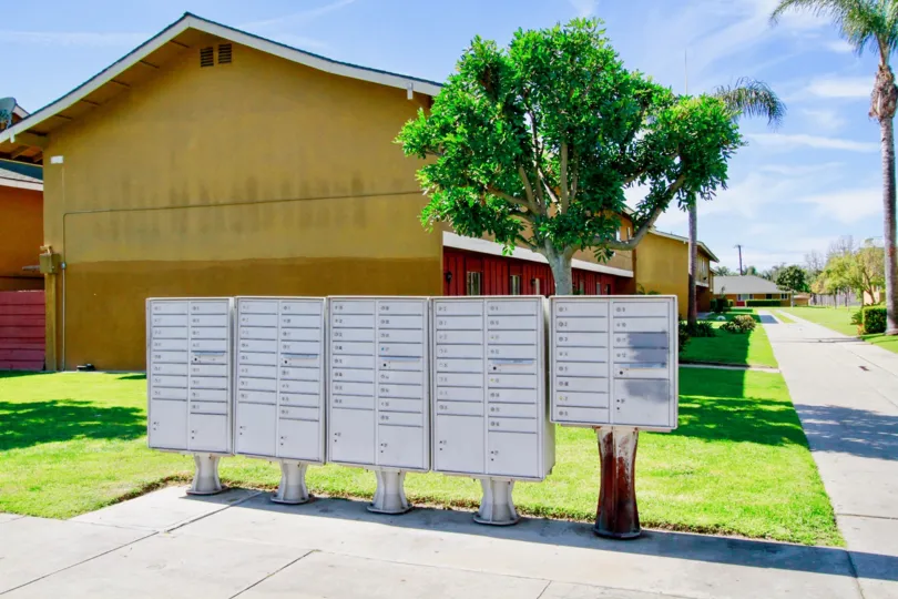 Fairlane Gardens mailboxes alongside the sidewalk in Santa Ana, California