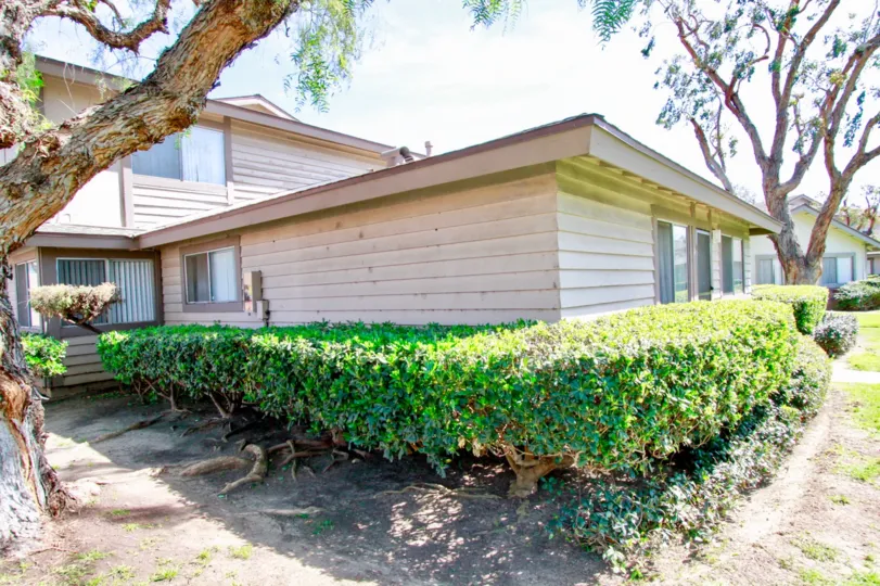 House in the Normandy place with cutting bushes, tall trees than building at Santa Ana
