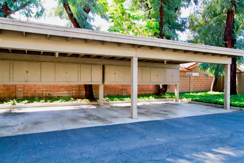 Car shelter with storage cabinets for the Santiago Springs community in Santa Ana, California