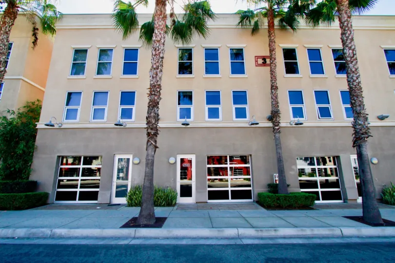 There are few tall trees which are taller than the building in Santiago Street Lofts with cutting bushes