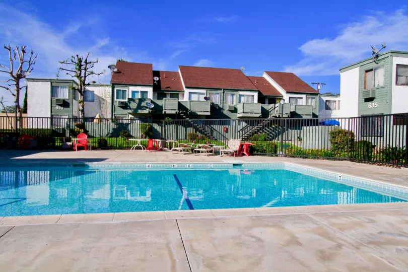 A clear day in the Shadow Wood with a blue color swimming pool.