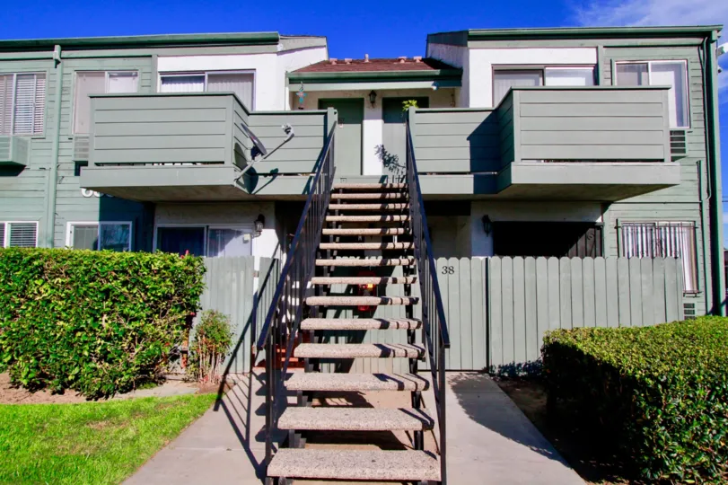 Long stair way to second story home in Shadow Wood Community, in Santa Ana, California