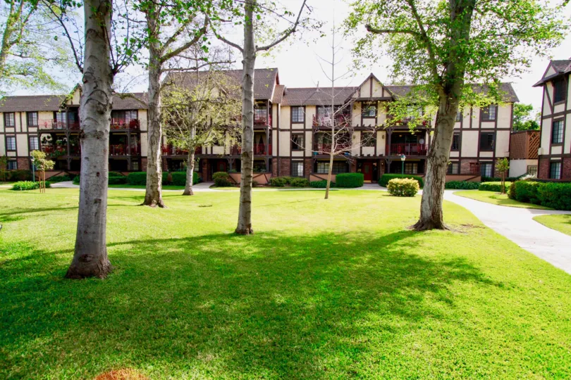 yard with trees and plant in front of the building in St Albans