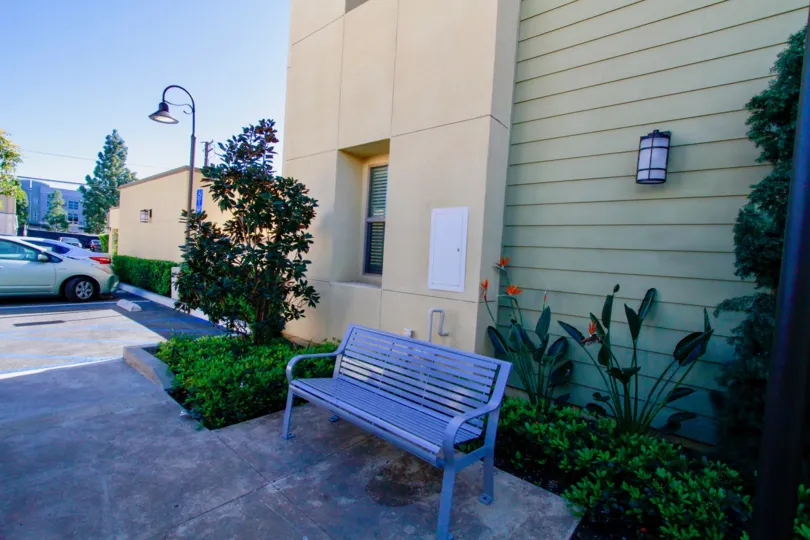 A Street in santa ana city with sitting bench and surrounded with plants and nice car the lacy collection