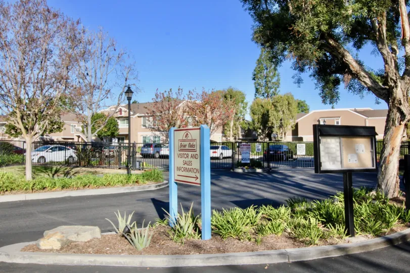 Double line road with notice board and street lamps in Briar Oaks.